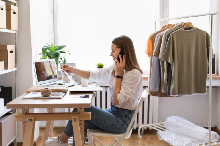 mulher-de-tiro-medio-sentada-a-mesa-ecommerce